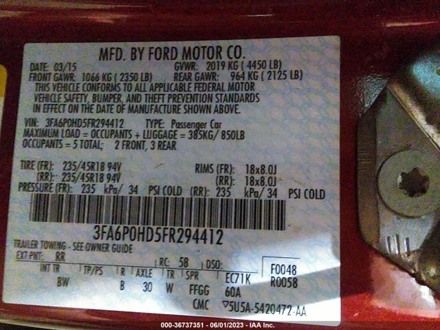 2015 FORD FUSION SE VIN: 3FA6P0HD5FR294412