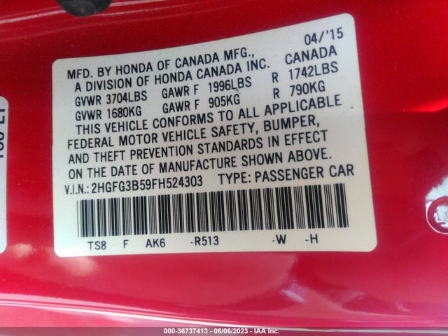 Honda Civic Coupe Lx 2015 2HGFG3B59FH524303 Image 9