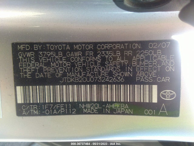 2007 TOYOTA PRIUS VIN: JTDKB20U073242636