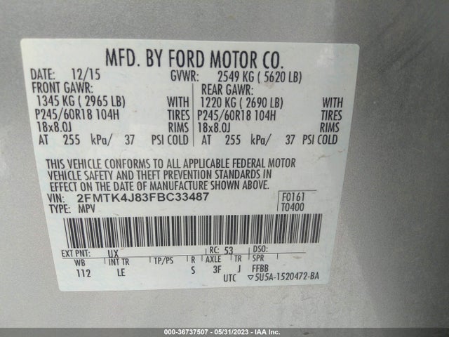 2015 FORD EDGE SEL VIN: 2FMTK4J83FBC33487