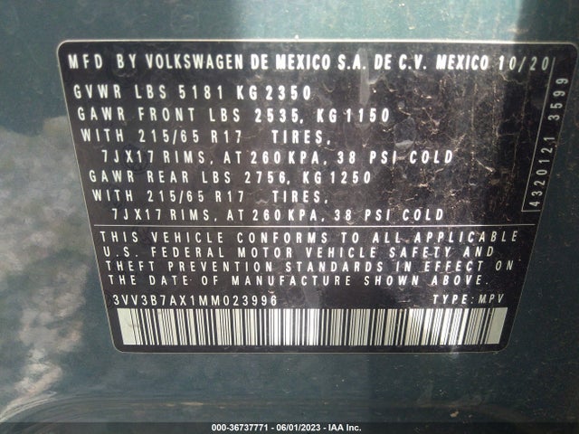 3VV3B7AX1MM023996 Volkswagen Tiguan Se/se R-line Black/sel