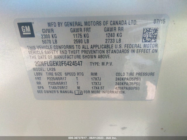 Chevrolet EQUINOX LT 2015 2GNFLGEK0F6424547 Image 9