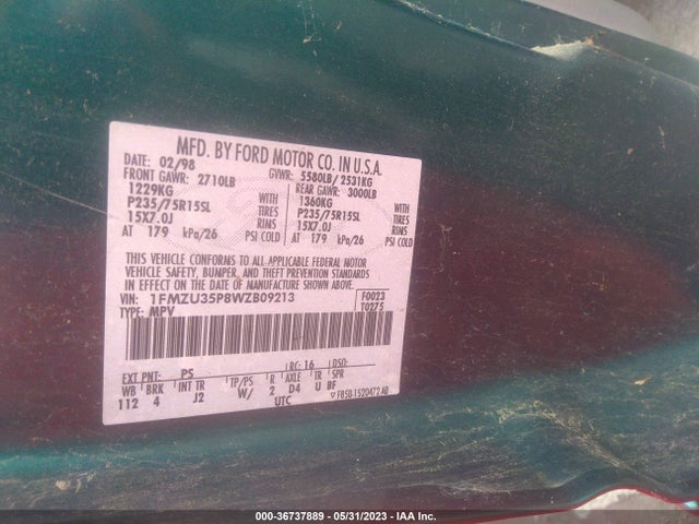 1998 FORD EXPLORER XLT/EDDIE BAUER/LIMITED VIN: 1FMZU35P8WZB09213