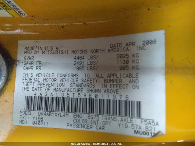 2009 MITSUBISHI ECLIPSE GT VIN: 4A3AL35T59E011976