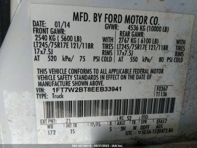 1FT7W2BT8EEB33941 Ford Super Duty F-250 Srw Xl/xlt/lariat