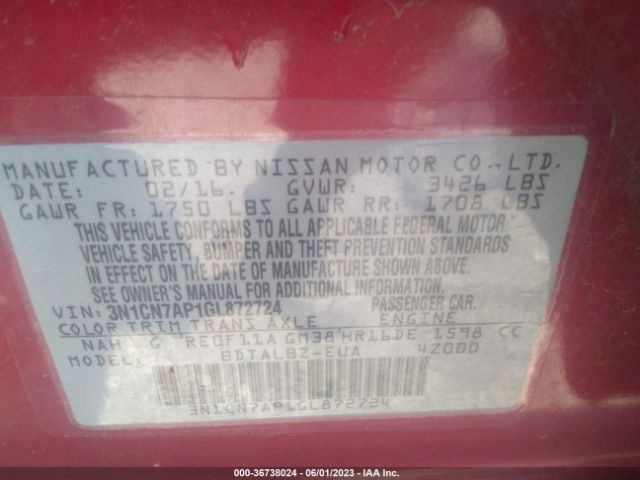 3N1CN7AP1GL872724 Nissan Versa 1.6 S/1.6 S+/1.6 Sl/1.6 Sv
