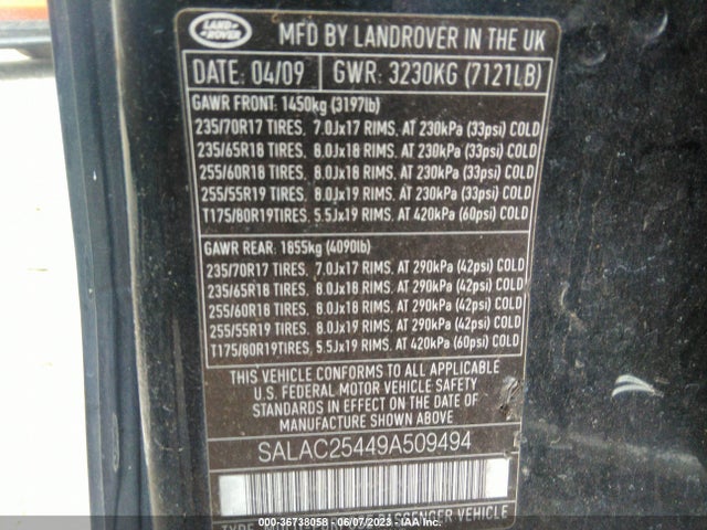 2009 LAND ROVER LR3 VIN: SALAC25449A509494