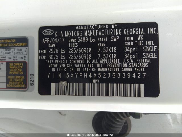 5XYPH4A52JG339427 KIA Sorento Ex V6
