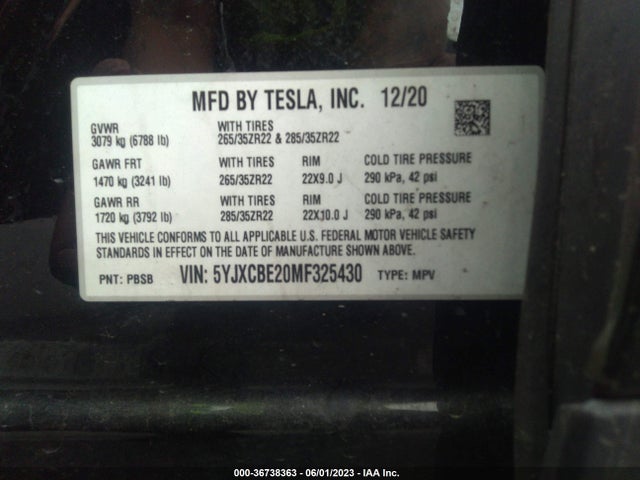 2021 Tesla Model X, VIN: 5YJXCBE20MF325430
