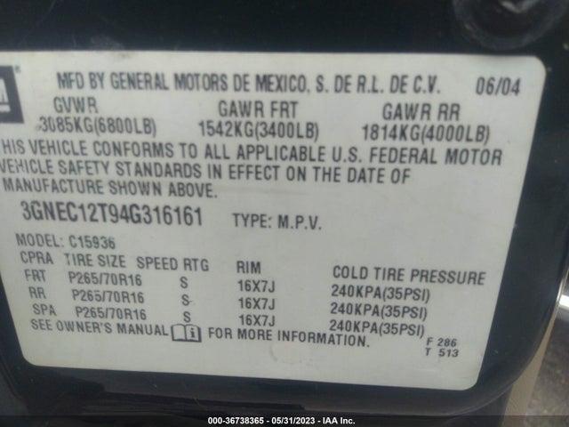 2004 CHEVROLET AVALANCHE VIN: 3GNEC12T94G316161