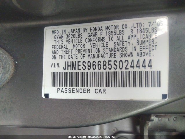 2005 HONDA CIVIC HYBRID VIN: JHMES96685S024444