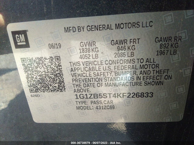 2019 CHEVROLET MALIBU LS VIN: 1G1ZB5ST4KF226833