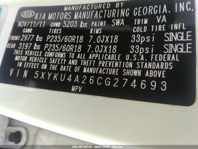 2012 KIA SORENTO EX VIN: 5XYKU4A26CG274693