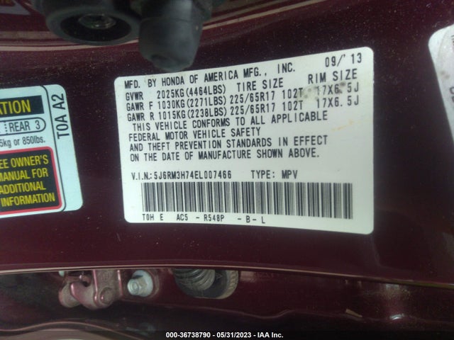 Honda Cr-v Ex-l 2014 5J6RM3H74EL007466 Image 9