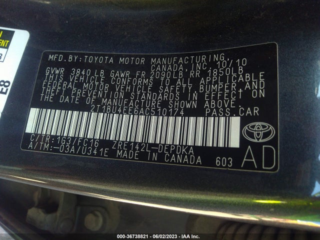 2010 TOYOTA COROLLA LE VIN: 2T1BU4EE6AC510174