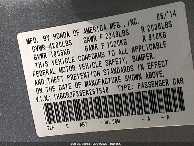 Honda Accord Sedan Lx 2014 1HGCR2F36EA267548 Image 9