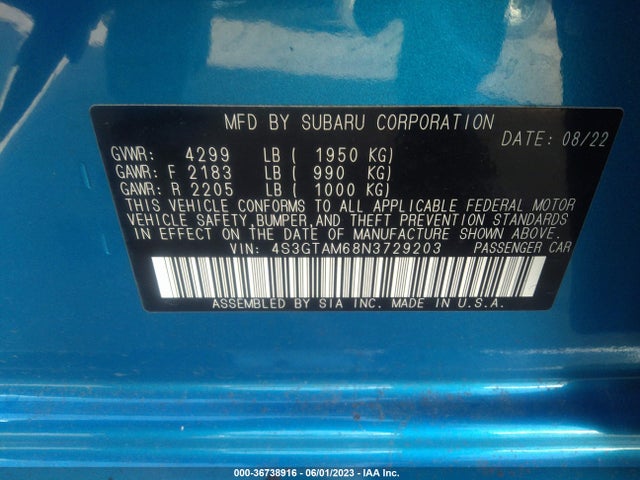 2022 SUBARU IMPREZA SPORT VIN: 4S3GTAM68N3729203