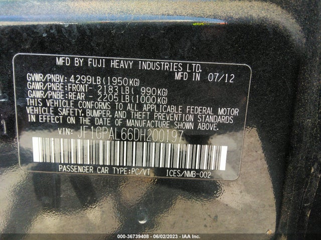 2013 SUBARU IMPREZA WAGON 2.0I SPORT PREMIUM VIN: JF1GPAL66DH200197