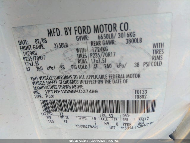 2008 FORD F-150 XL/STX/XLT VIN: 1FTRF12298KD37499