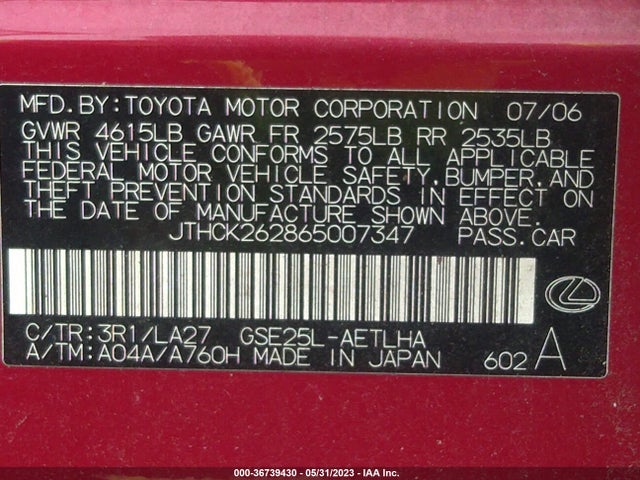 2006 LEXUS IS 250 AUTO VIN: JTHCK262865007347