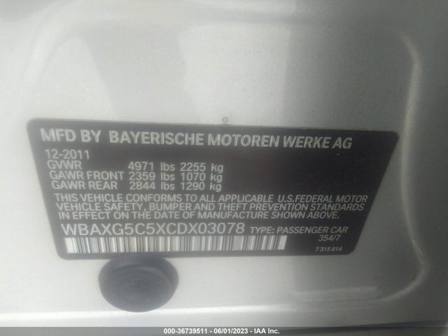 2012 BMW 5 SERIES 528I VIN: WBAXG5C5XCDX03078