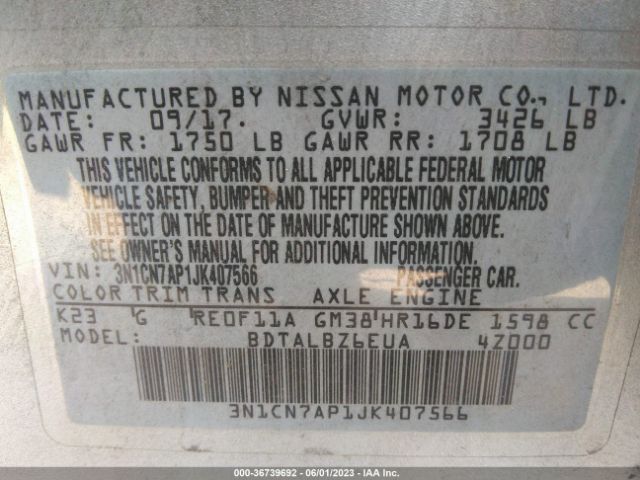 3N1CN7AP1JK407566 Nissan Versa Sedan Sv