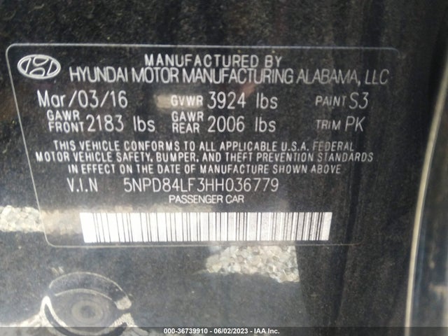 2017 HYUNDAI ELANTRA SE VIN: 5NPD84LF3HH036779
