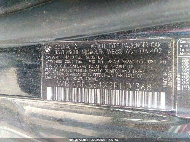 2002 BMW 3 SERIES 330CI VIN: WBABN534X2PH01368