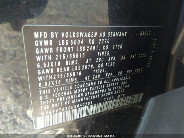 Продажа на аукционе авто 2017 Volkswagen Tiguan 2.0t/2.0t S, vin: WVGBV7AX0HK040203, номер лота: 36740012
