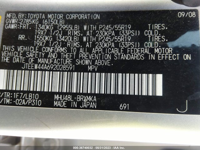 2009 TOYOTA HIGHLANDER HYBRID LIMITED VIN: JTEEW44A692028591