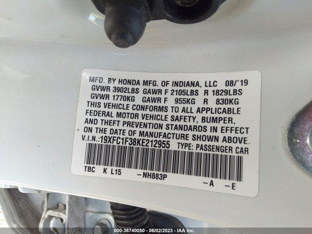 Honda Civic Sedan Ex 2019 19XFC1F38KE212955 Image 9