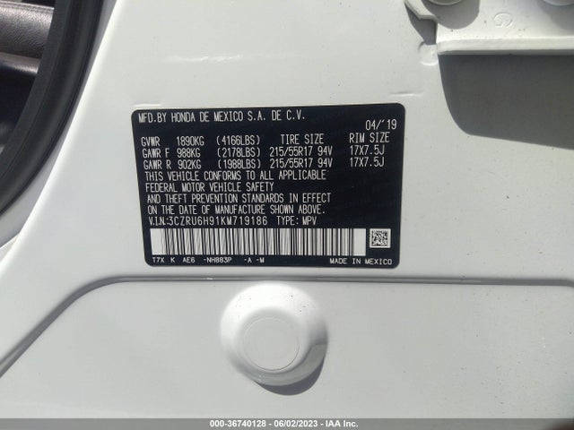 2019 HONDA HR-V TOURING VIN: 3CZRU6H91KM719186