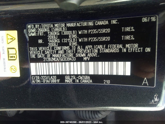 2016 Lexus RX, VIN: 2T2BZMCA7GC039433