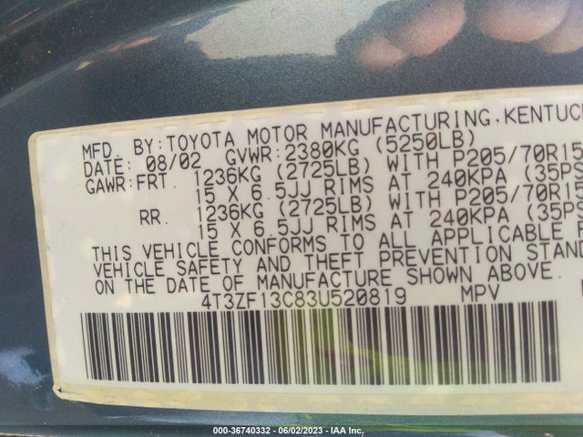 2003 TOYOTA SIENNA LE/XLE VIN: 4T3ZF13C83U520819