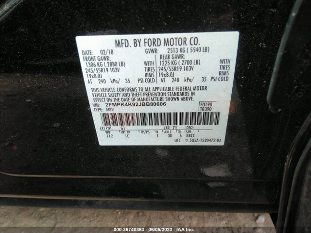 2018 FORD EDGE TITANIUM VIN: 2FMPK4K92JBB80606