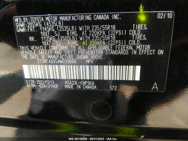 2010 TOYOTA RAV4 SPORT VIN: 2T3RF4DV5AW039666