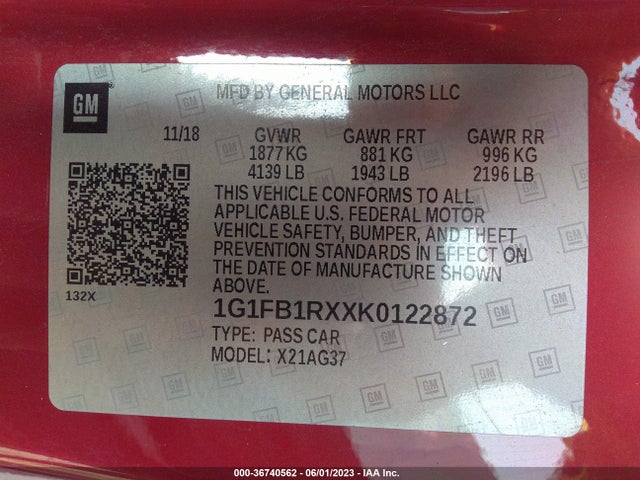 Chevrolet Camaro 1lt 2019 1G1FB1RXXK0122872 Image 9