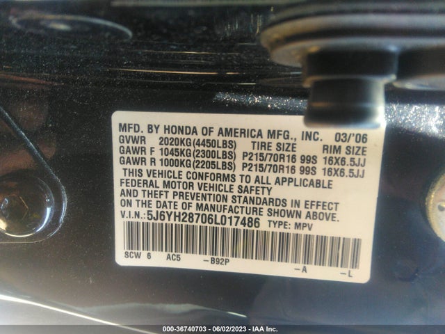 2006 HONDA ELEMENT EX-P VIN: 5J6YH28706L017486