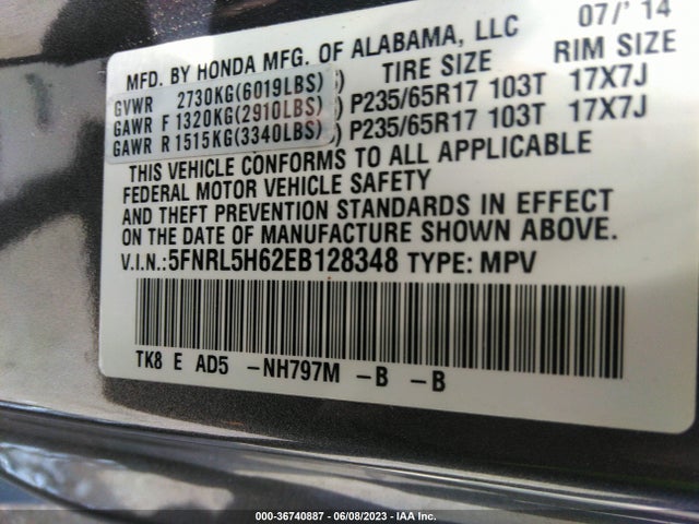 Honda Odyssey Ex-l 2014 5FNRL5H62EB128348 Image 9