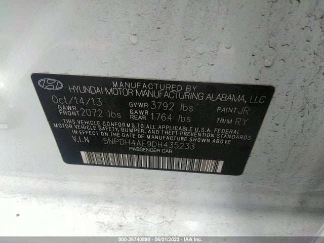 2013 HYUNDAI ELANTRA LIMITED PZEV VIN: 5NPDH4AE9DH435233