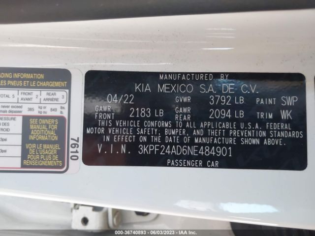 3KPF24AD6NE484901 KIA Forte Lxs