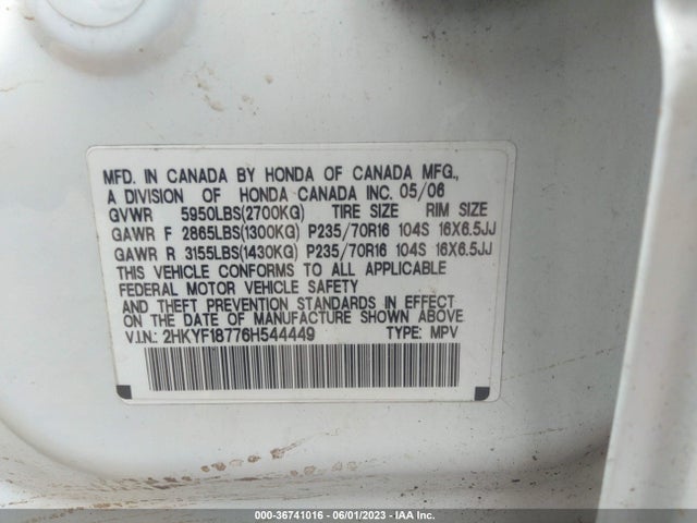 2006 HONDA PILOT EX-L WITH NAVI VIN: 2HKYF18776H544449