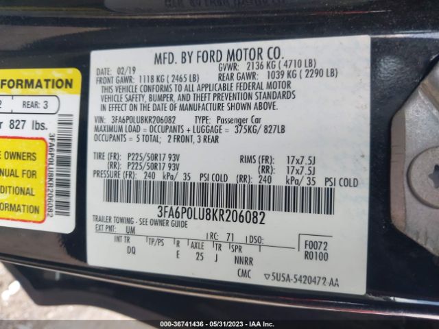 3FA6P0LU8KR206082 Ford Fusion Hybrid Se