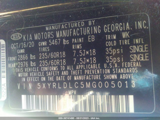 5XYRLDLC5MG005013 KIA SORENTO S