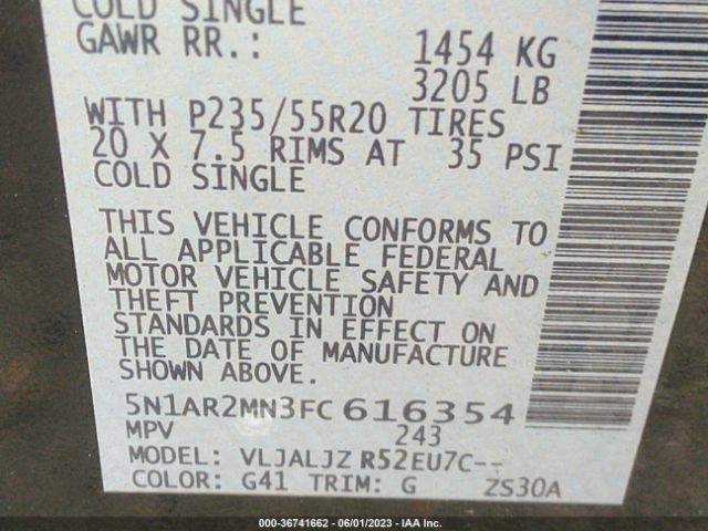 5N1AR2MN3FC616354 Nissan Pathfinder Platinum
