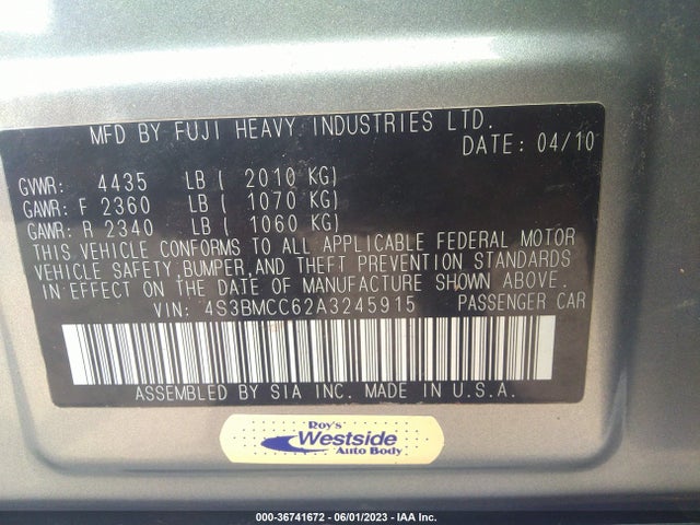 2010 SUBARU LEGACY PREM ALL-WTHR VIN: 4S3BMCC62A3245915