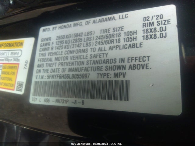 Honda Pilot Ex-l 2020 5FNYF6H56LB055997 Image 9