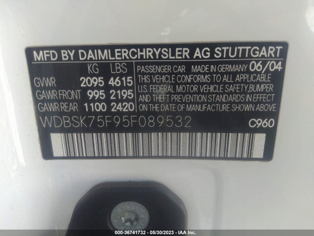 2005 MERCEDES-BENZ SL-CLASS 5.0L VIN: WDBSK75F95F089532