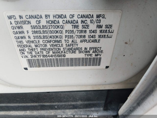 2004 HONDA PILOT EX VIN: 2HKYF18644H519819