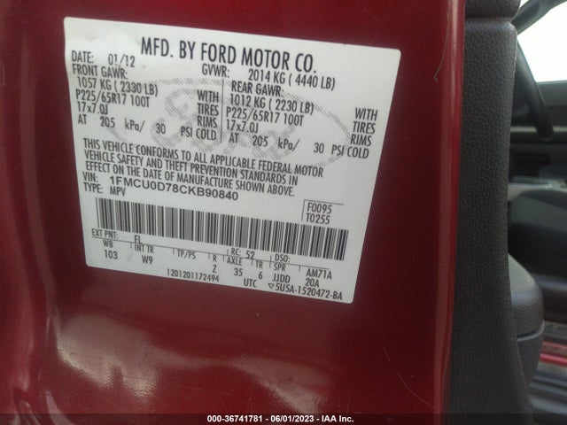 2012 FORD ESCAPE XLT VIN: 1FMCU0D78CKB90840